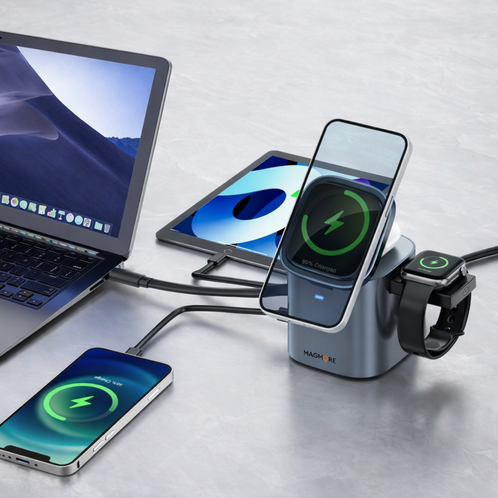 Magmore 6-in-1 wireless charging station charging an iPhone, Apple Watch, tablet, laptop and smartphone on a desk setup