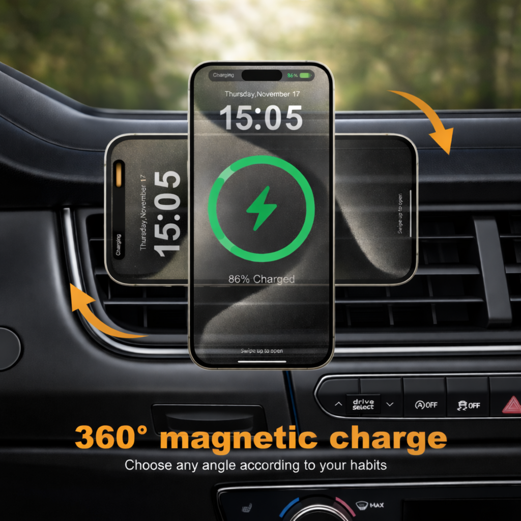 MagMore magnetic car charger mounted on car dashboard showing 360 degree rotation and wireless charging in use