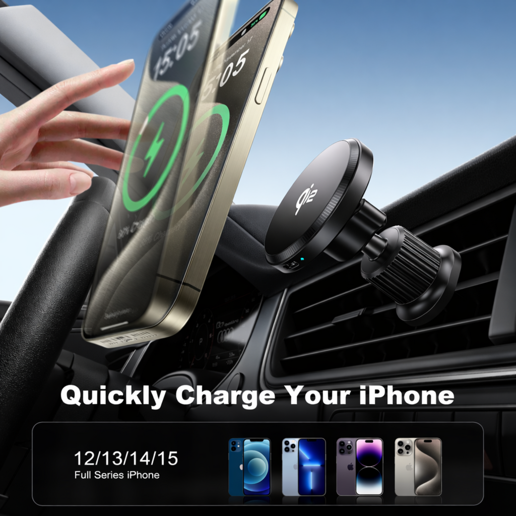 MagMore MagSafe car charger wirelessly charging an iPhone on the air vent