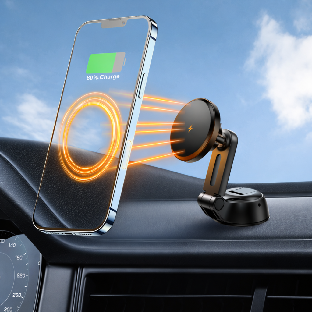 Magmore MagSafe autohouder met draadloos opladen, gemonteerd op dashboard tijdens opladen van smartphone