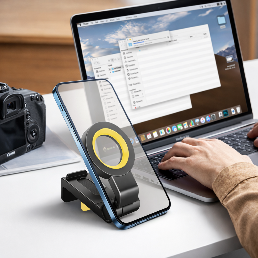 MagMore MagSafe telefoonhouder met smartphone op bureau naast laptop