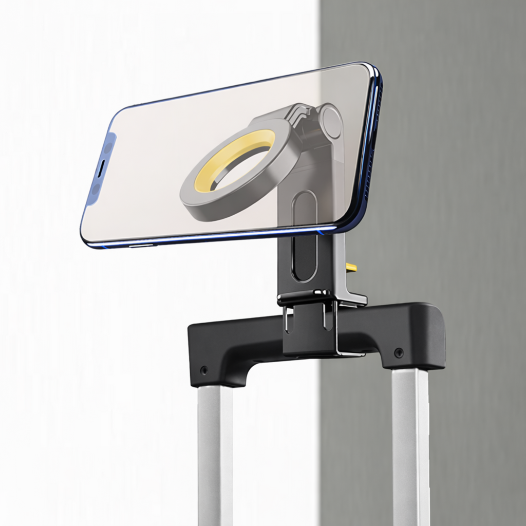 MagMore MagSafe telefoonhouder bevestigd aan handvat van koffer