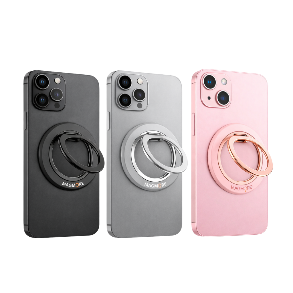 Magmore MagSafe ringhouder op iPhone in zwart, grijs en roze, overzicht van beschikbare kleuren