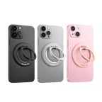 Magmore MagSafe ringhouder op iPhone in zwart, grijs en roze, overzicht van beschikbare kleuren