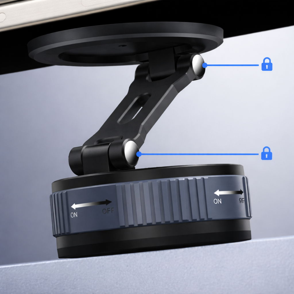 Detail van vergrendelbare scharnierpunten van de Magmore MagSafe suction pad